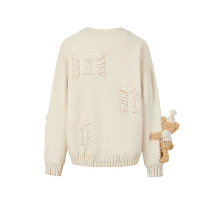 13De Marzo Plush Bear Jacquard Letter Knit Cardigan Cream