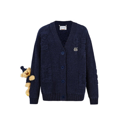 13De Marzo Plush Bear Jacquard Letter Knit Cardigan Navy