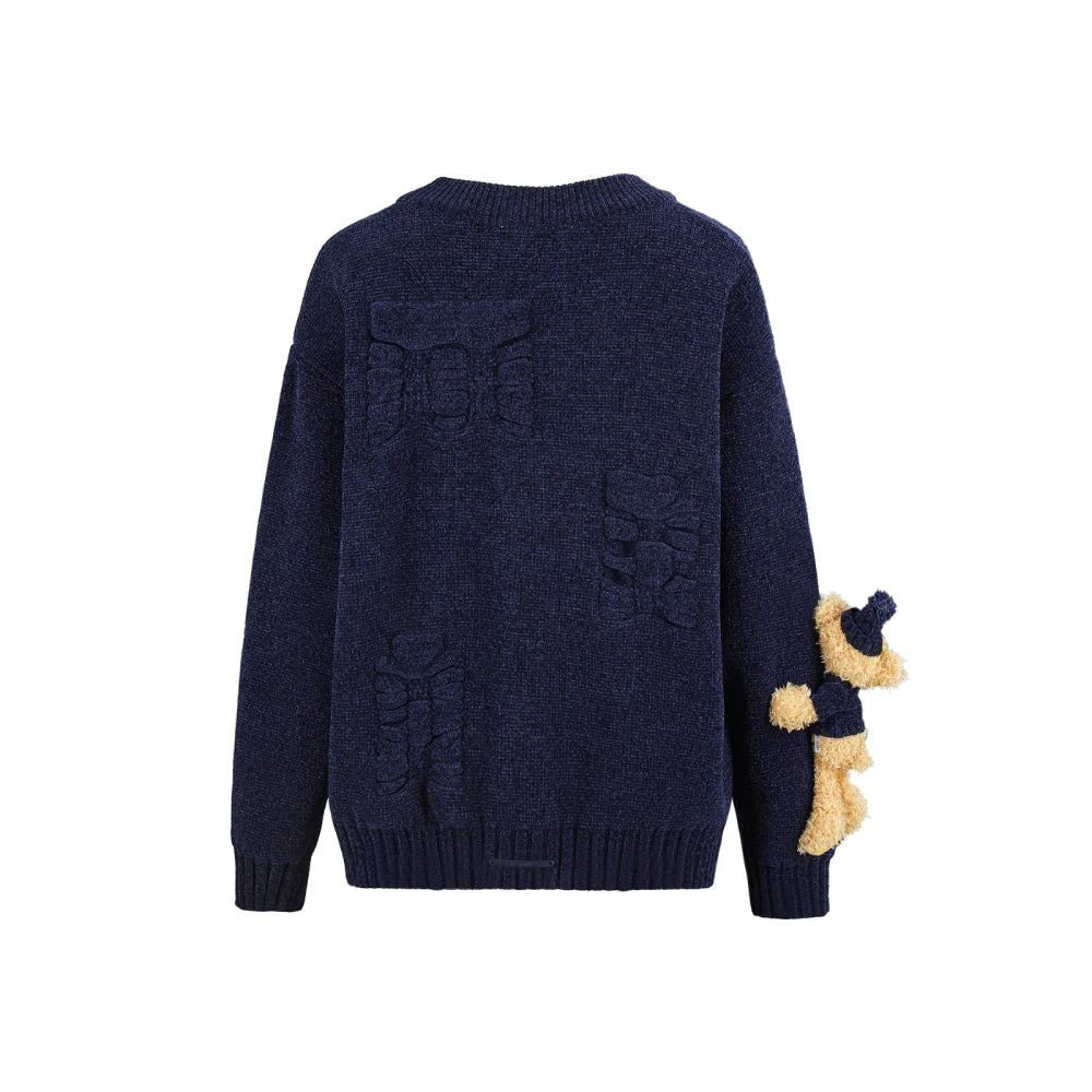 13De Marzo Plush Bear Jacquard Letter Knit Cardigan Navy