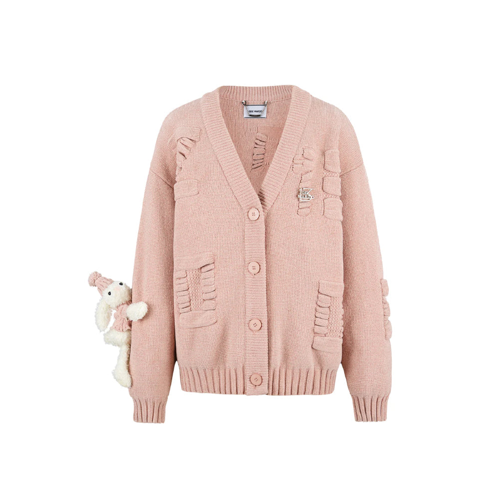 13De Marzo Plush Rabbit Jacquard Letter Knit Cardigan Pink