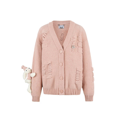 13De Marzo Plush Rabbit Jacquard Letter Knit Cardigan Pink