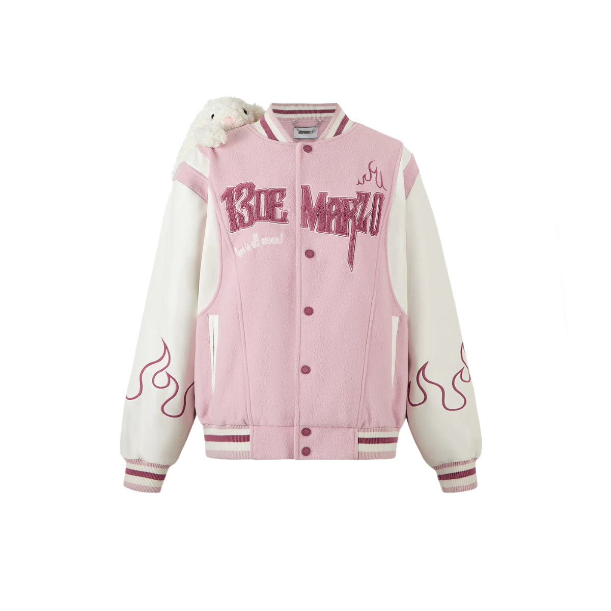 13De Marzo Plush Rabbit Flame Baseball Jacket Pink