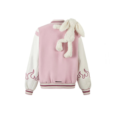 13De Marzo Plush Rabbit Flame Baseball Jacket Pink