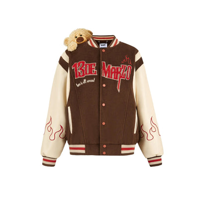 13De Marzo Plush Bear Flame Baseball Jacket Brown