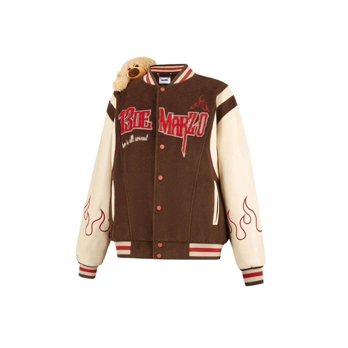 13De Marzo Plush Bear Flame Baseball Jacket Brown