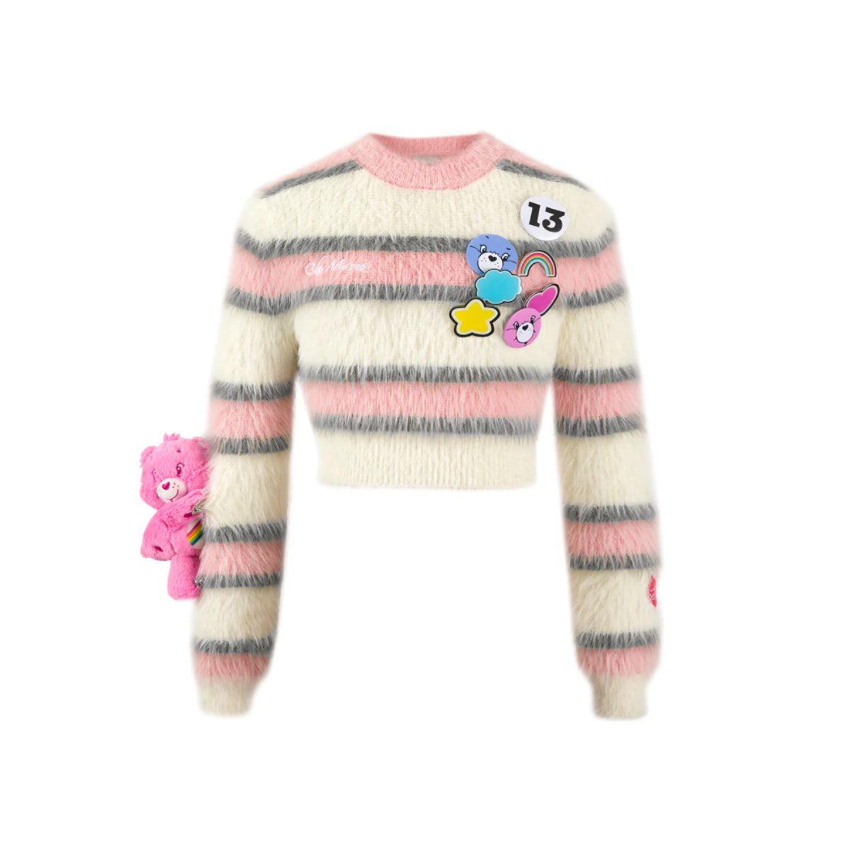 13De Marzo X Care Bears Badges Striped Furry Sweater Pink