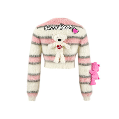 13De Marzo X Care Bears Badges Striped Furry Sweater Pink