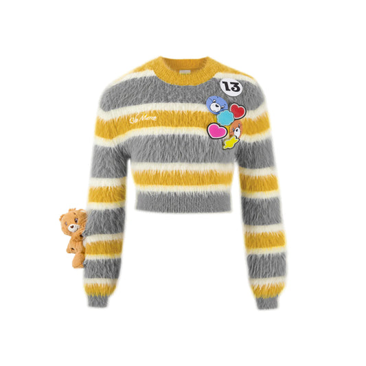 13De Marzo X Care Bears Badges Striped Furry Sweater Yellow