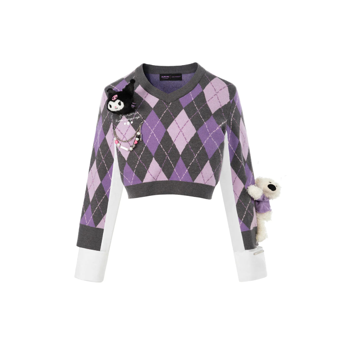 13De Marzo X Kuromi Bear Diamond Checked Knit Sweater Purple