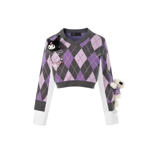 13De Marzo X Kuromi Bear Diamond Checked Knit Sweater Purple