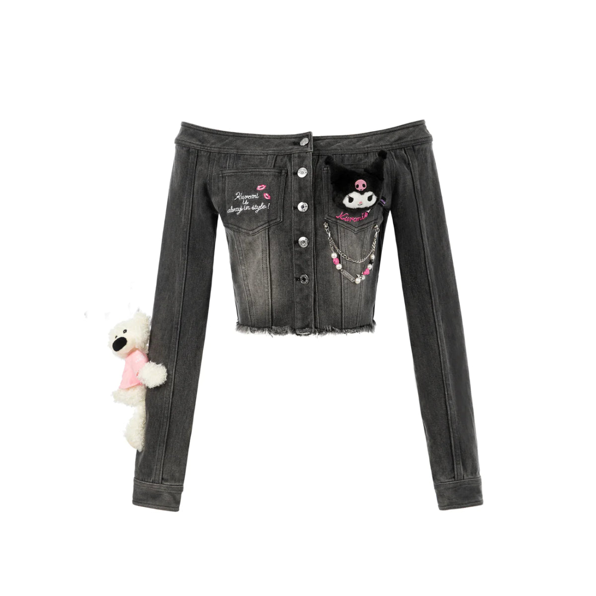 13De Marzo X Kuromi Bear Off Shoulder Denim Top Black