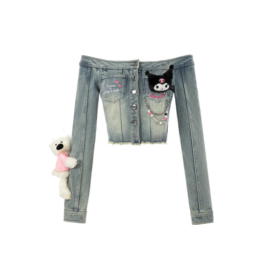 13De Marzo X Kuromi Bear Off Shoulder Denim Top Blue