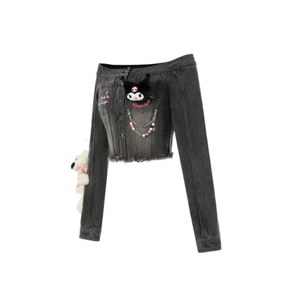 13De Marzo X Kuromi Bear Off Shoulder Denim Top Black