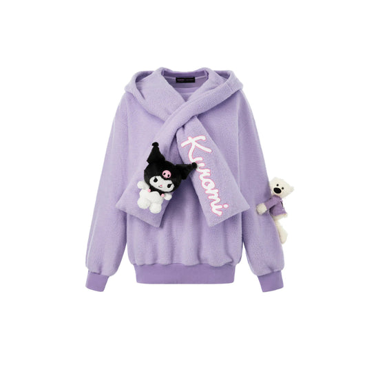 13De Marzo X Kuromi Bear Scarf Fleece Hoodie Purple