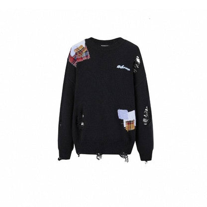 13 De Marzo Plaid Patch Broken Bear Knit Sweater Black