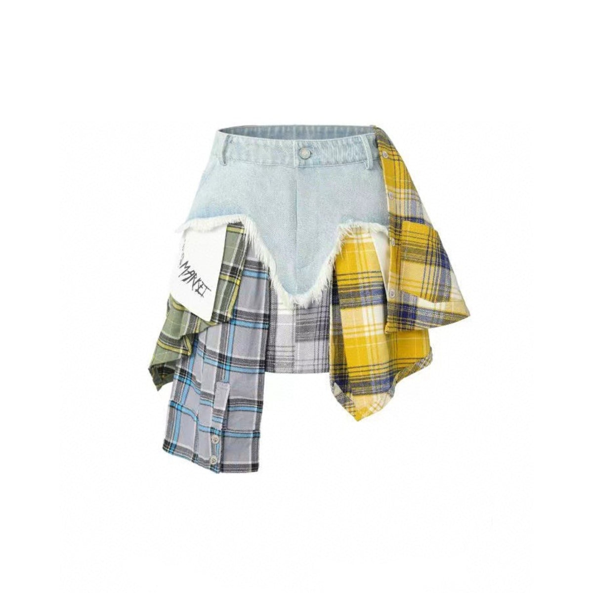 Weird Market Plaid Patch Denim Skirt Blue