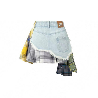 Weird Market Plaid Patch Denim Skirt Blue