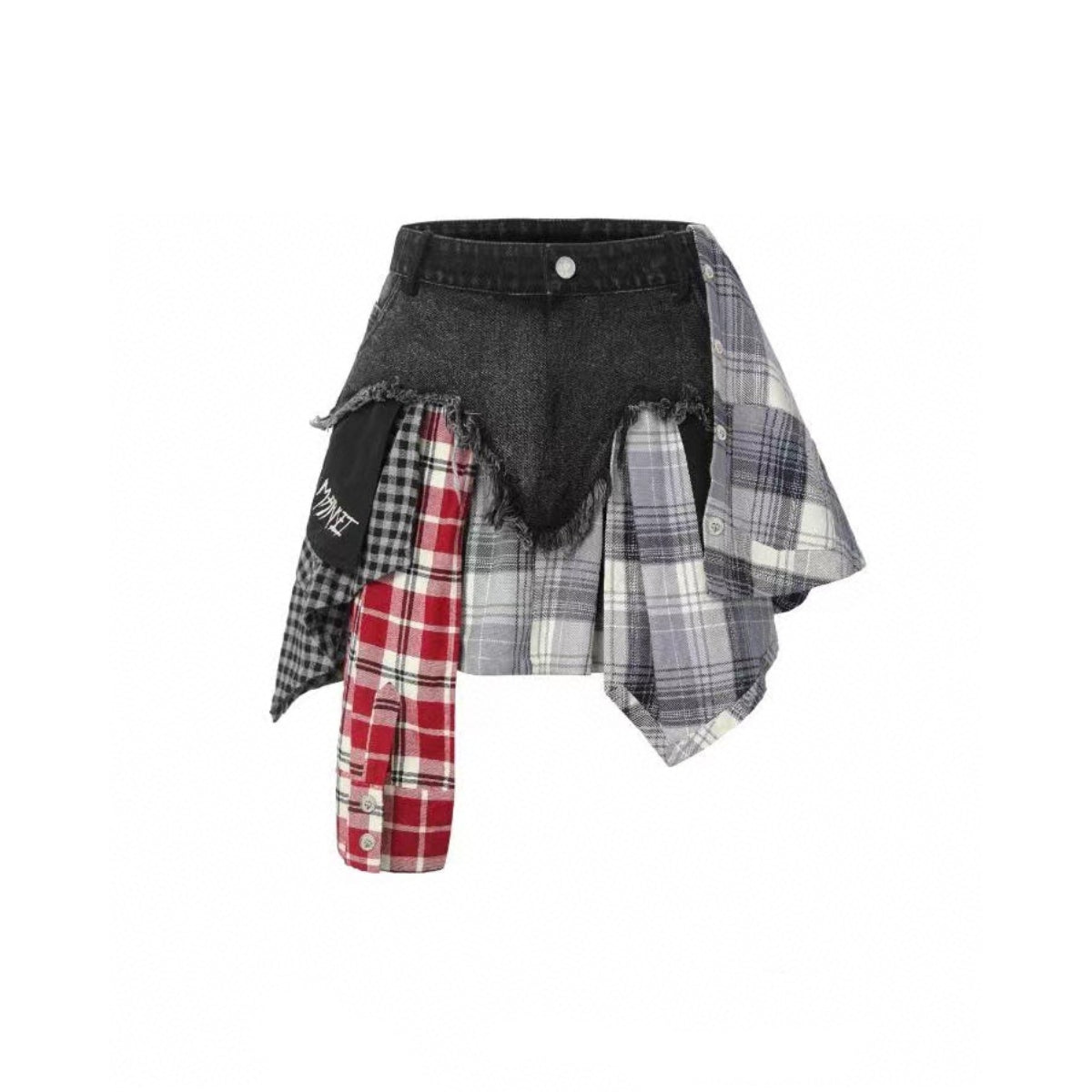 Weird Market Plaid Patch Denim Skirt Black