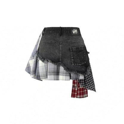 Weird Market Plaid Patch Denim Skirt Black