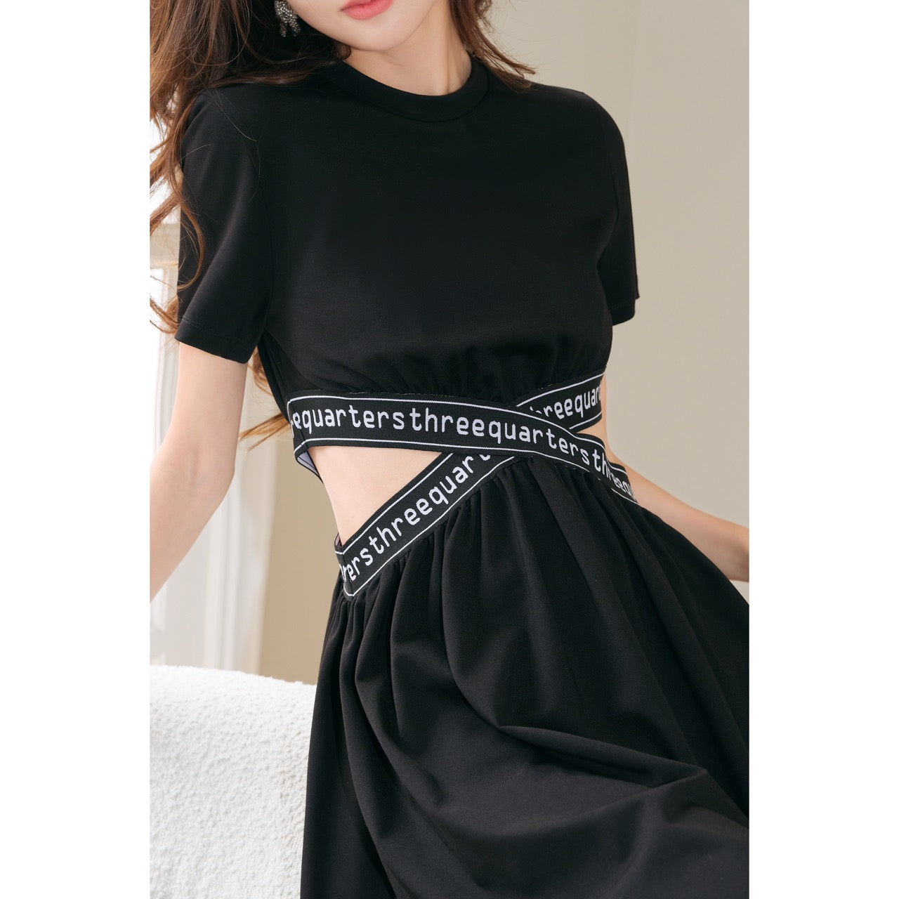 Three Quarters Cross Stretch Logo Belt Dress Black