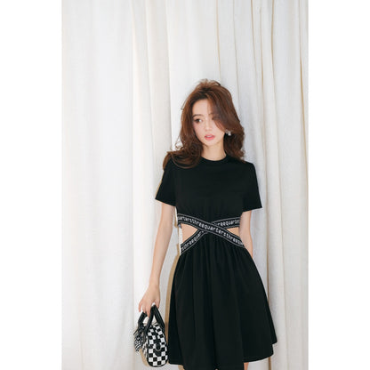 Three Quarters Cross Stretch Logo Belt Dress Black