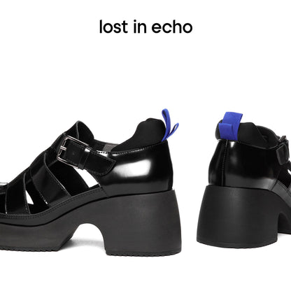 Lost In Echo Heel Leather Roman Sandals Black