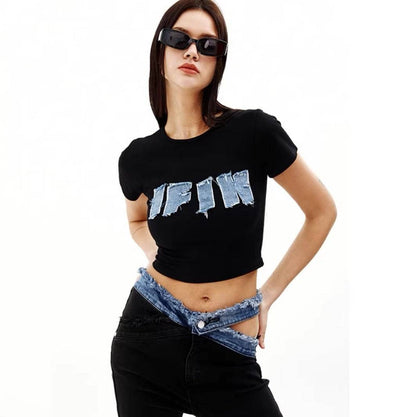 IFIK Denim Patch Logo Slim Short Tee Black Blue