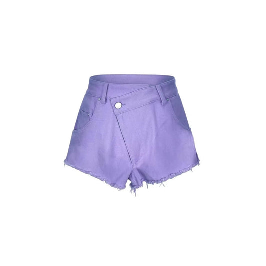 Three Quarters Misplaced Button Denim Shorts Purple