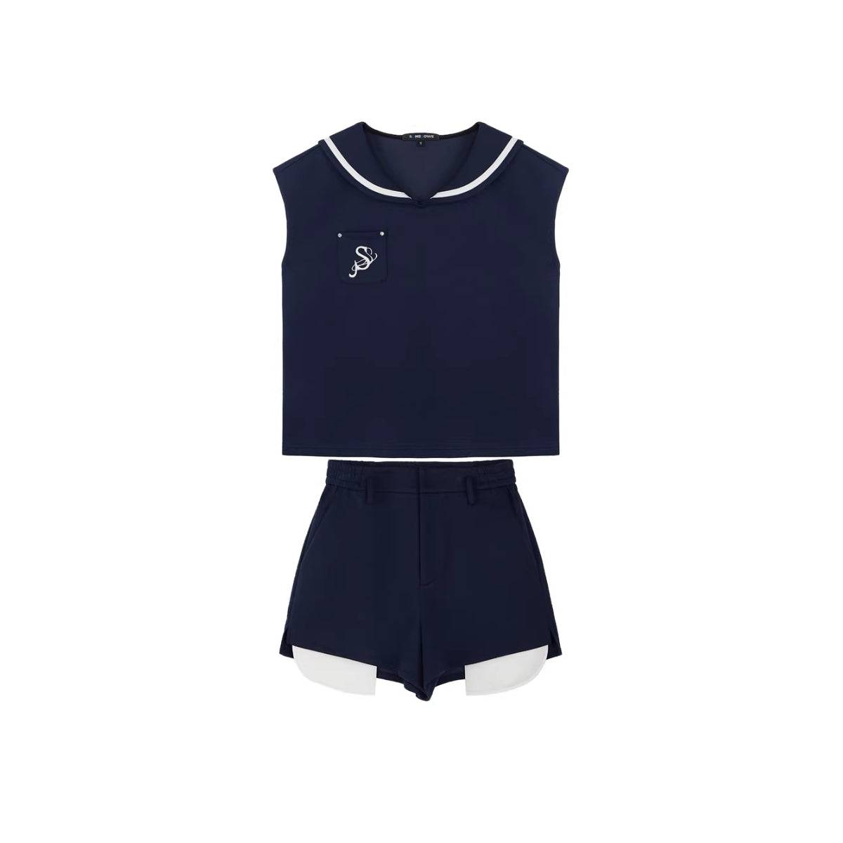 SomeSowe Color Blocked Sailor Collar Top & Shorts Set Navy