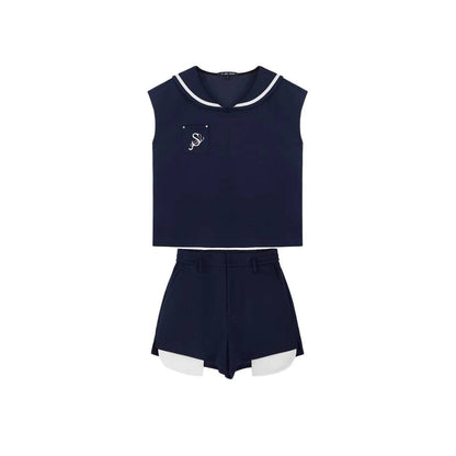 SomeSowe Color Blocked Sailor Collar Top & Shorts Set Navy