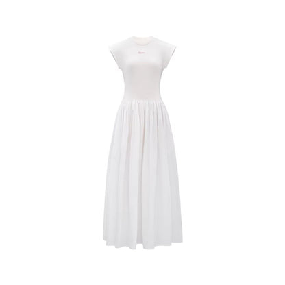 Concise-White Stitching Printed Logo Dress White