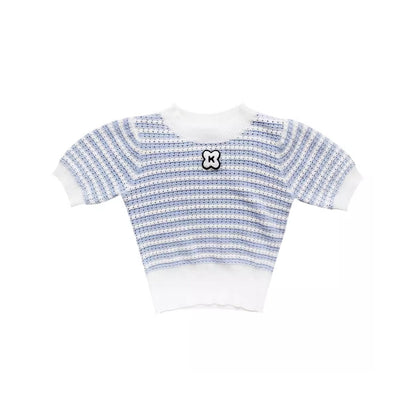 Kroche Embroidery Logo Striped Knit Top Blue