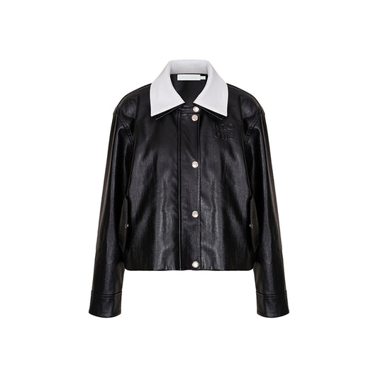 Kroche Color Blocked Lapel Leather Jacket Black