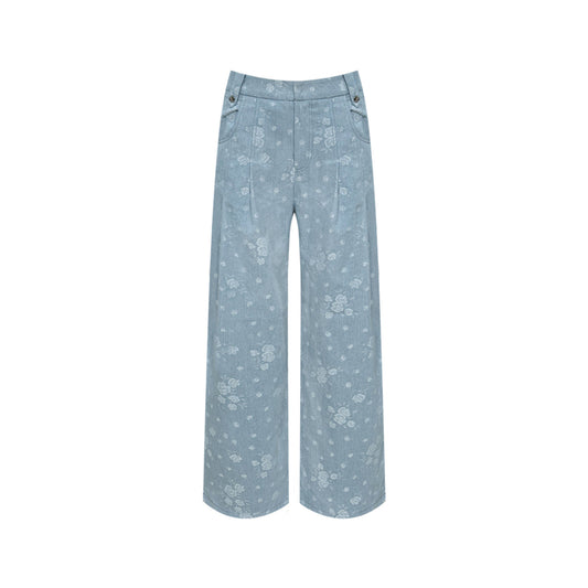 AsGony Retro Rose Jacquard Casual Suit Pants Blue