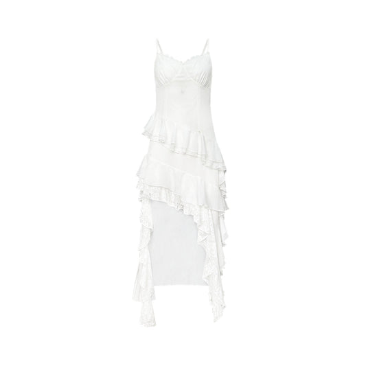 AsGony Irregular Lace Patchwork Ruffled Slip Dress