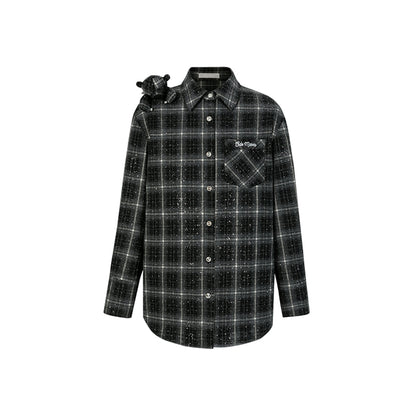 13De Marzo Bear Sparkly Drill Plaid Shirt Black