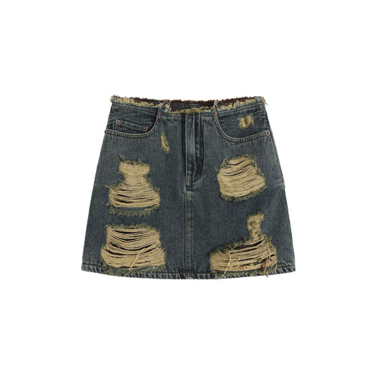 Via Pitti Destroy Cutting Wrapped Denim Skirt