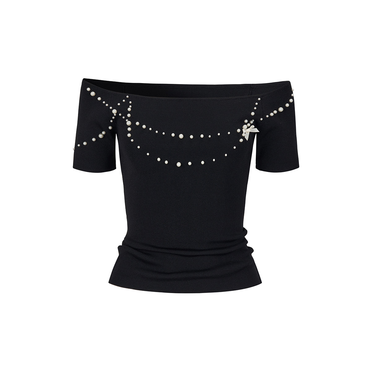 Via Pitti Pearl Bow-Knot Off Shoulder Knit Top Black