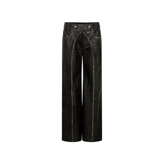 Via Pitti Cross Waist Distressed Leather Pants Black