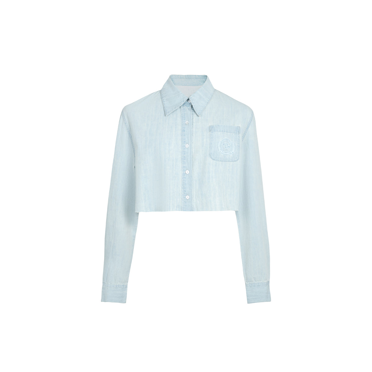 Three Quarters Embroidery Cropped Denim Shirt Blue