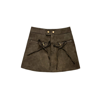 AsGony Bow Lace Up High Waist Leather Skirt