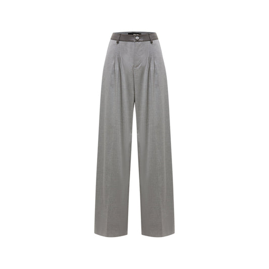 Cottia Leather Stitching Wide-Leg Pleated Pants Grey