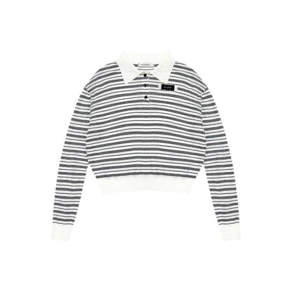 AsGony Contrast Color Striped L/S Polo T-Shirt