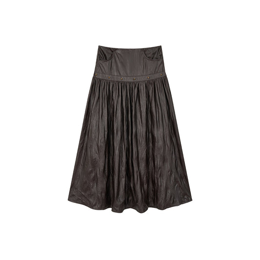 Via Pitti Rivet PU Leather Pleated Long Skirt Brown