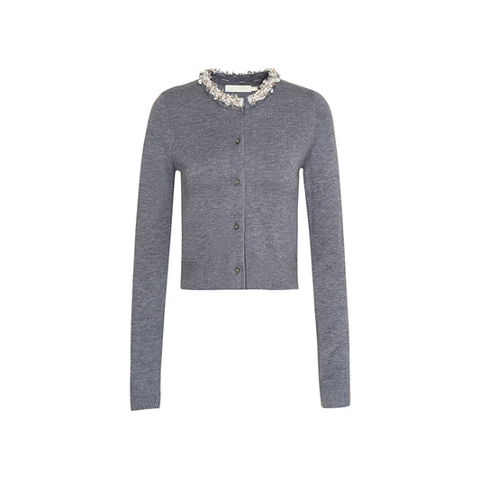 Kroche Sparkly Pearl Sequin Woolen Cardigan Gray