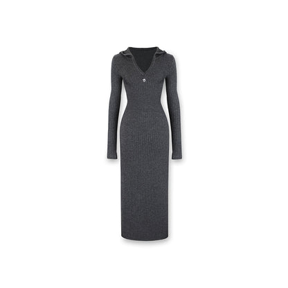 NotAwear Logo Embroidery Woolen Hooded Knit Dress Dark Grey