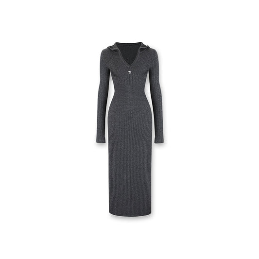 NotAwear Logo Embroidery Woolen Hooded Knit Dress Dark Grey