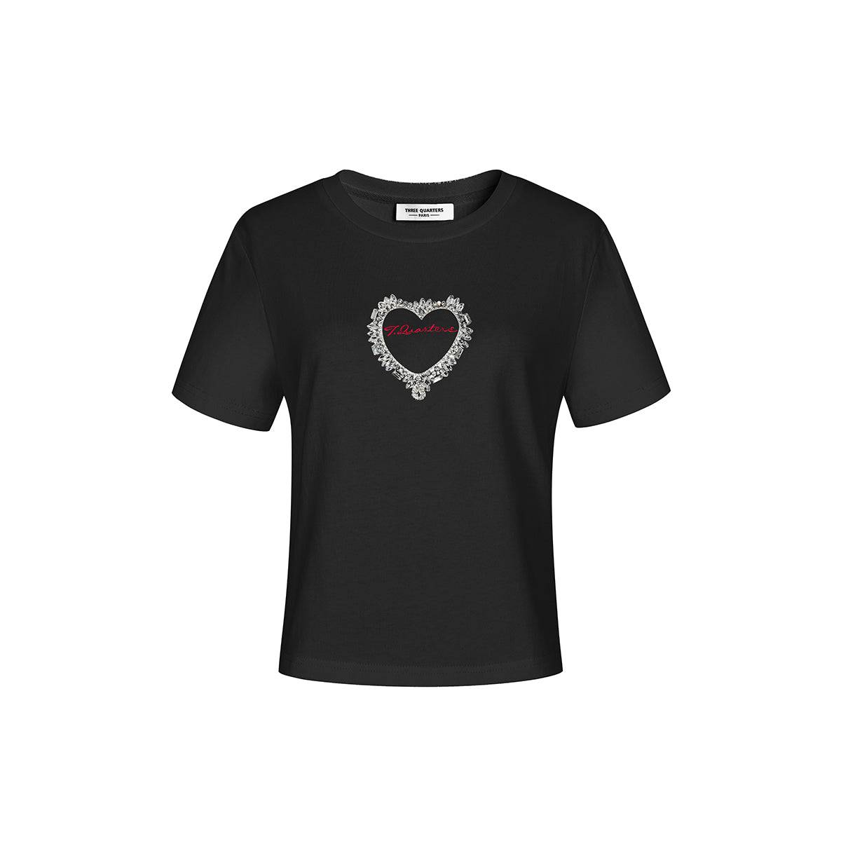 Three Quarters Logo Embroidery Rhinestone Heart Tee Black