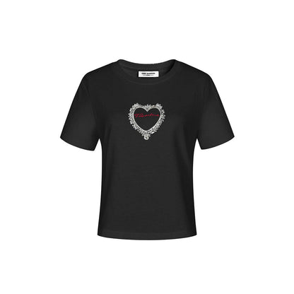 Three Quarters Logo Embroidery Rhinestone Heart Tee Black