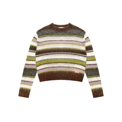 AsGony Contrast Color Striped Knit Sweater Brown